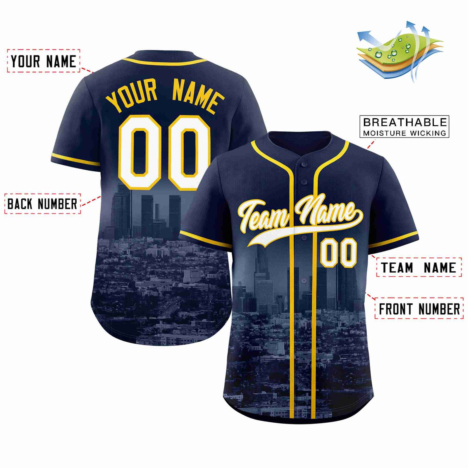 Custom Navy White-Yellow Los Angeles City Skyline Baseball Jersey