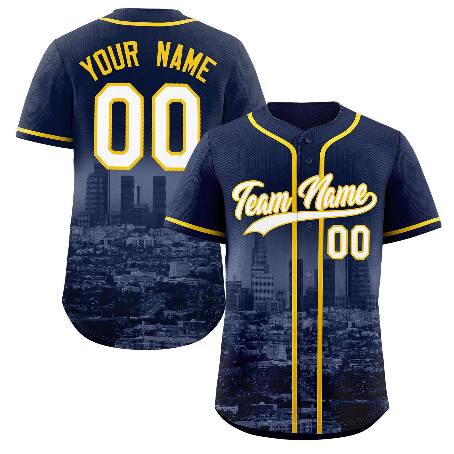Custom Navy White-Yellow Los Angeles City Skyline Baseball Jersey