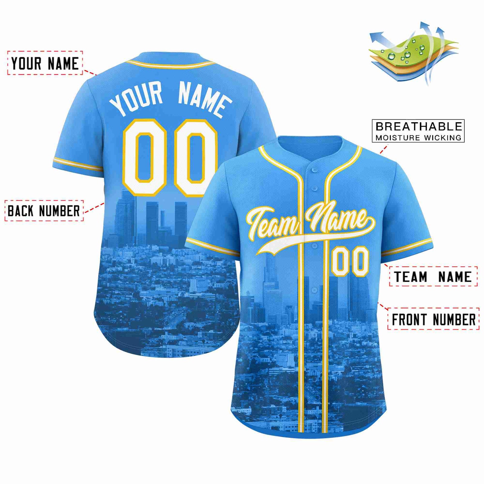 Custom Powder Blue White-Yellow Los Angeles City Skyline Baseball Jersey