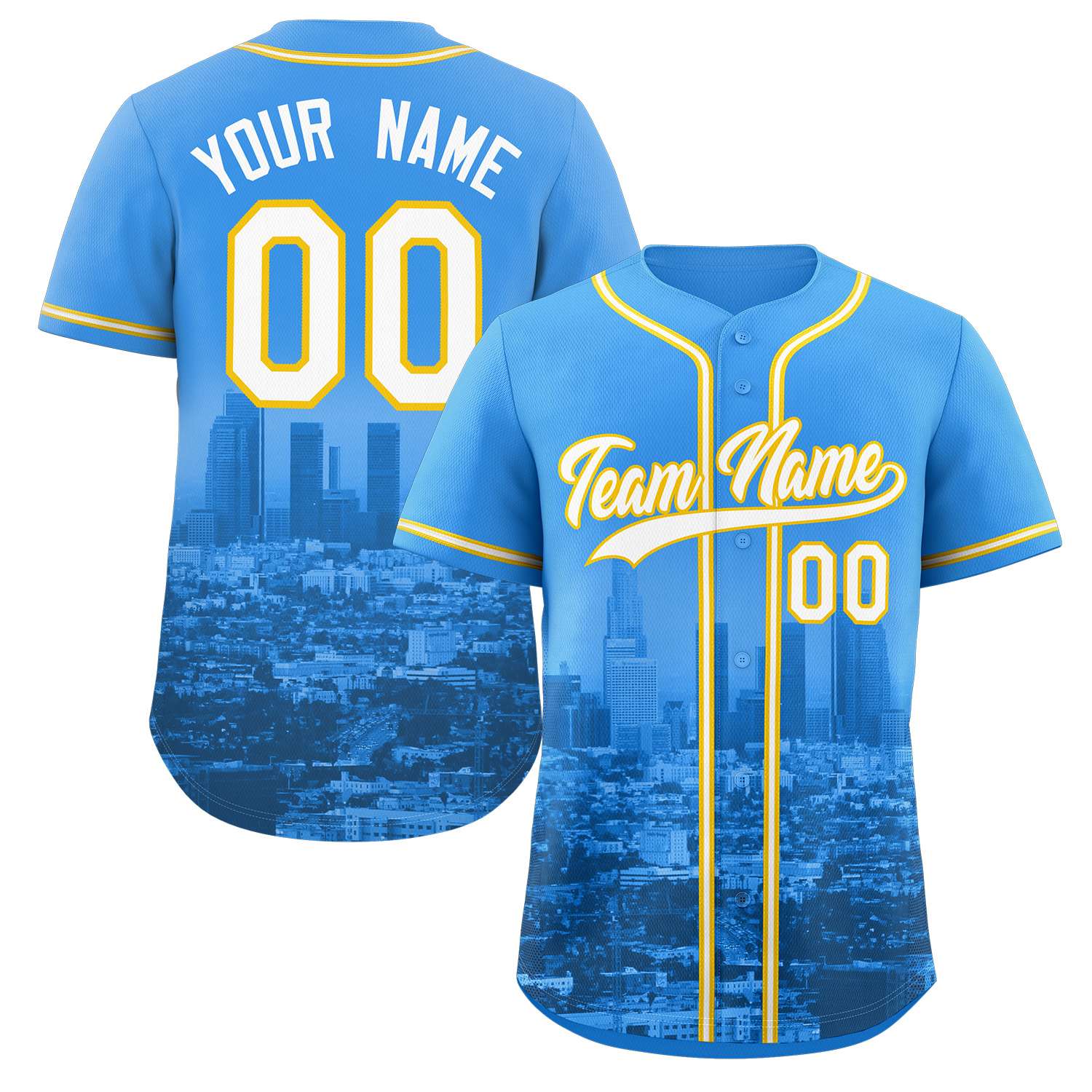 Custom Powder Blue White-Yellow Los Angeles City Skyline Baseball Jersey