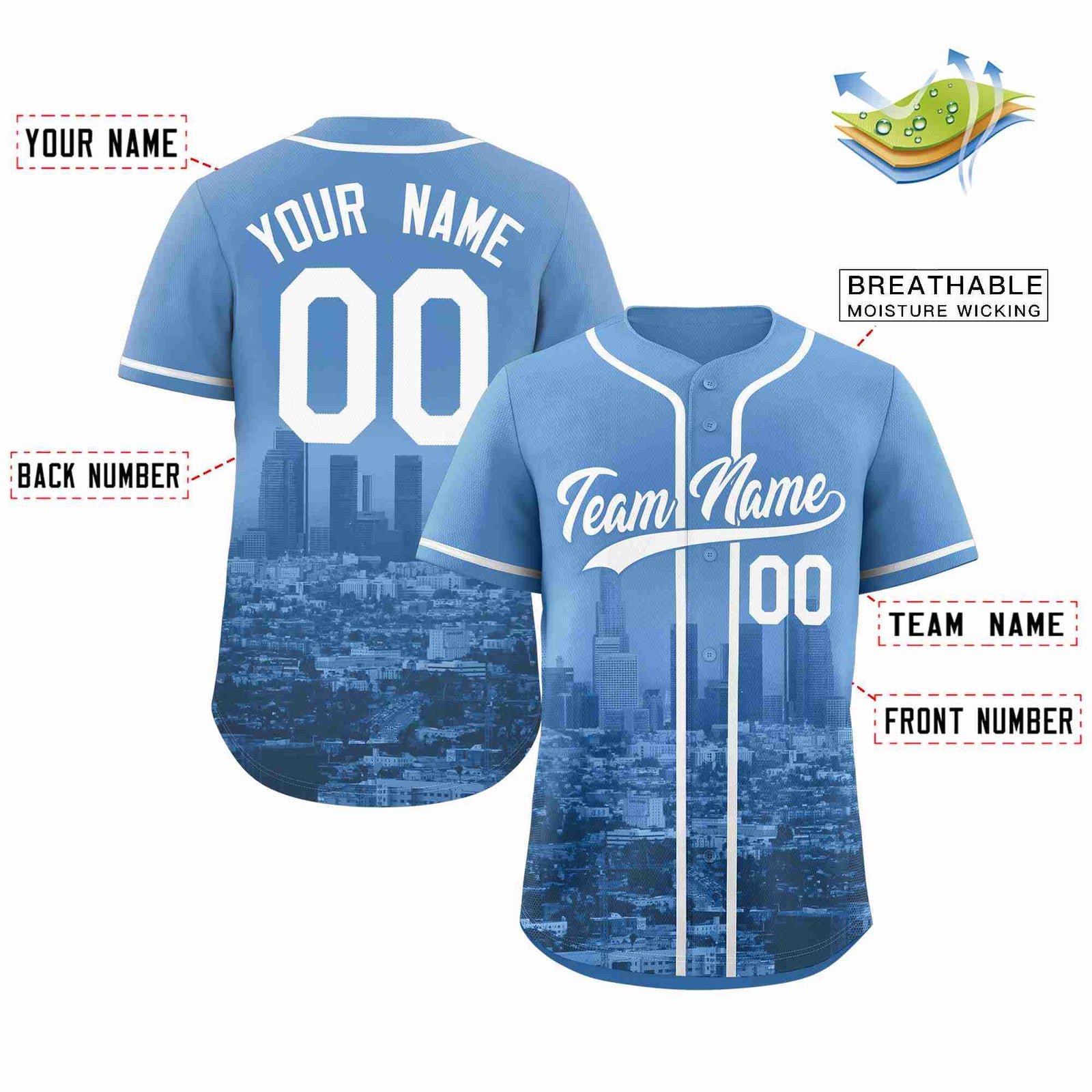 Custom Powder Blue White-Powder Blue Los Angeles City Skyline Baseball Jersey