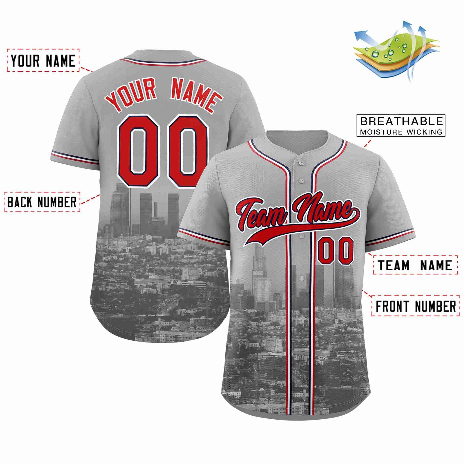 Custom Gray Red-Navy Los Angeles City Skyline Baseball Jersey