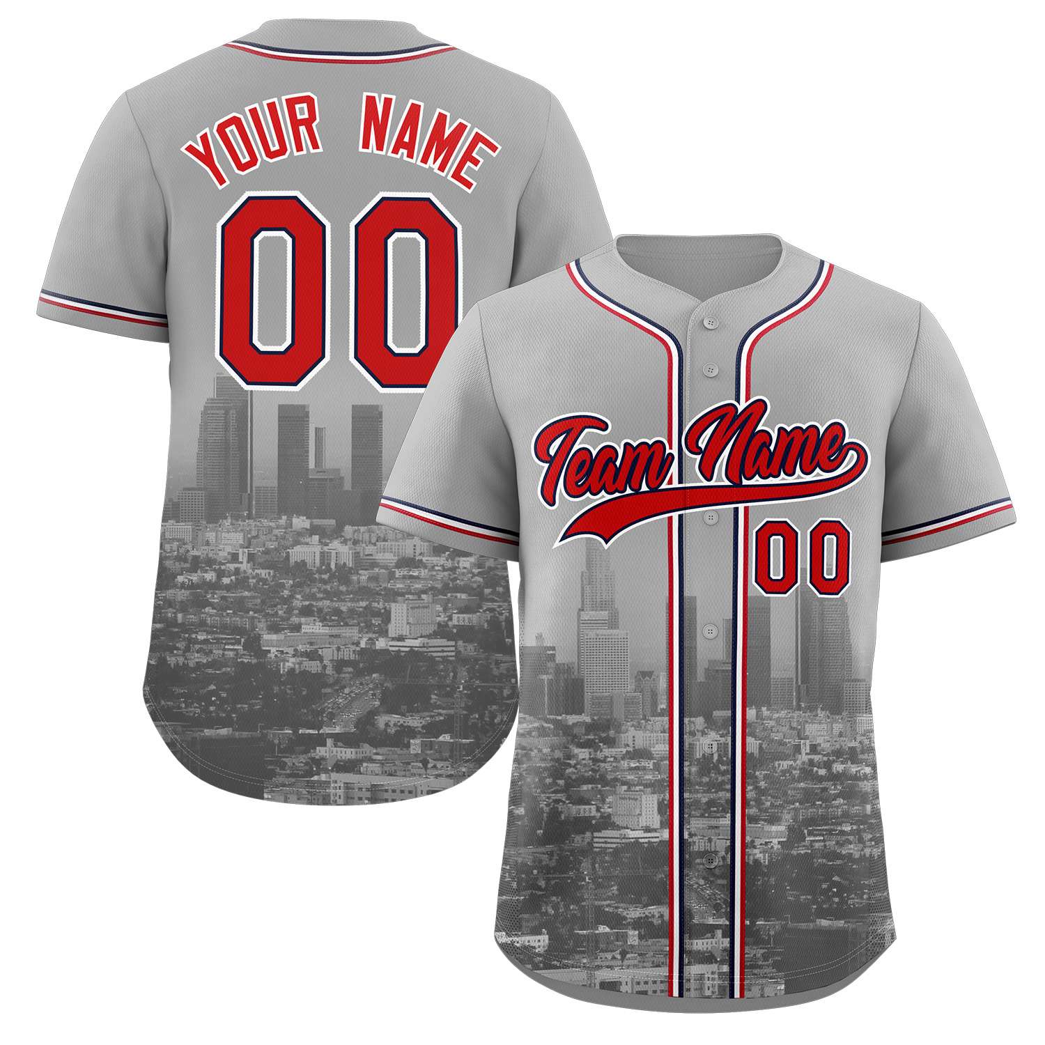 Custom Gray Red-Navy Los Angeles City Skyline Baseball Jersey
