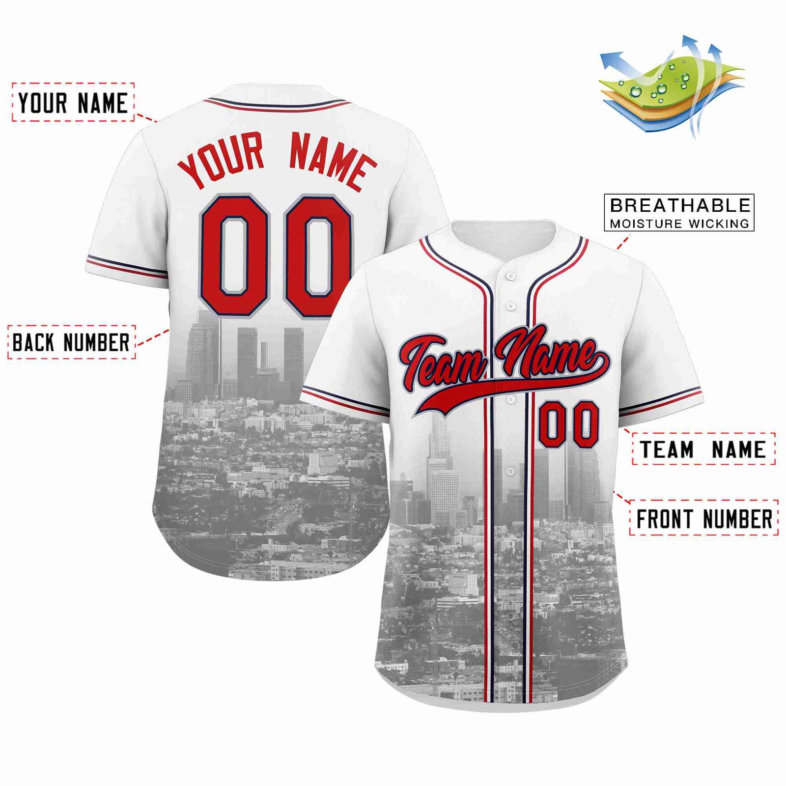 Custom White Red-Navy Los Angeles City Skyline Baseball Jersey