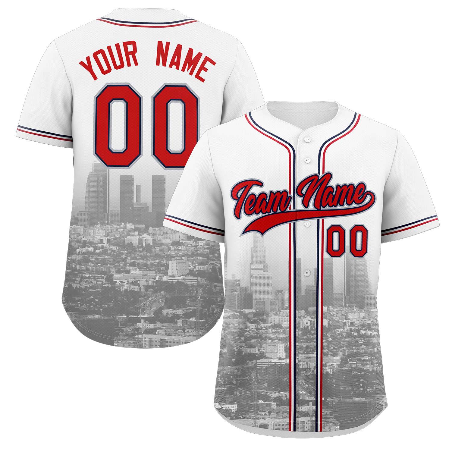 Custom White Red-Navy Los Angeles City Skyline Baseball Jersey