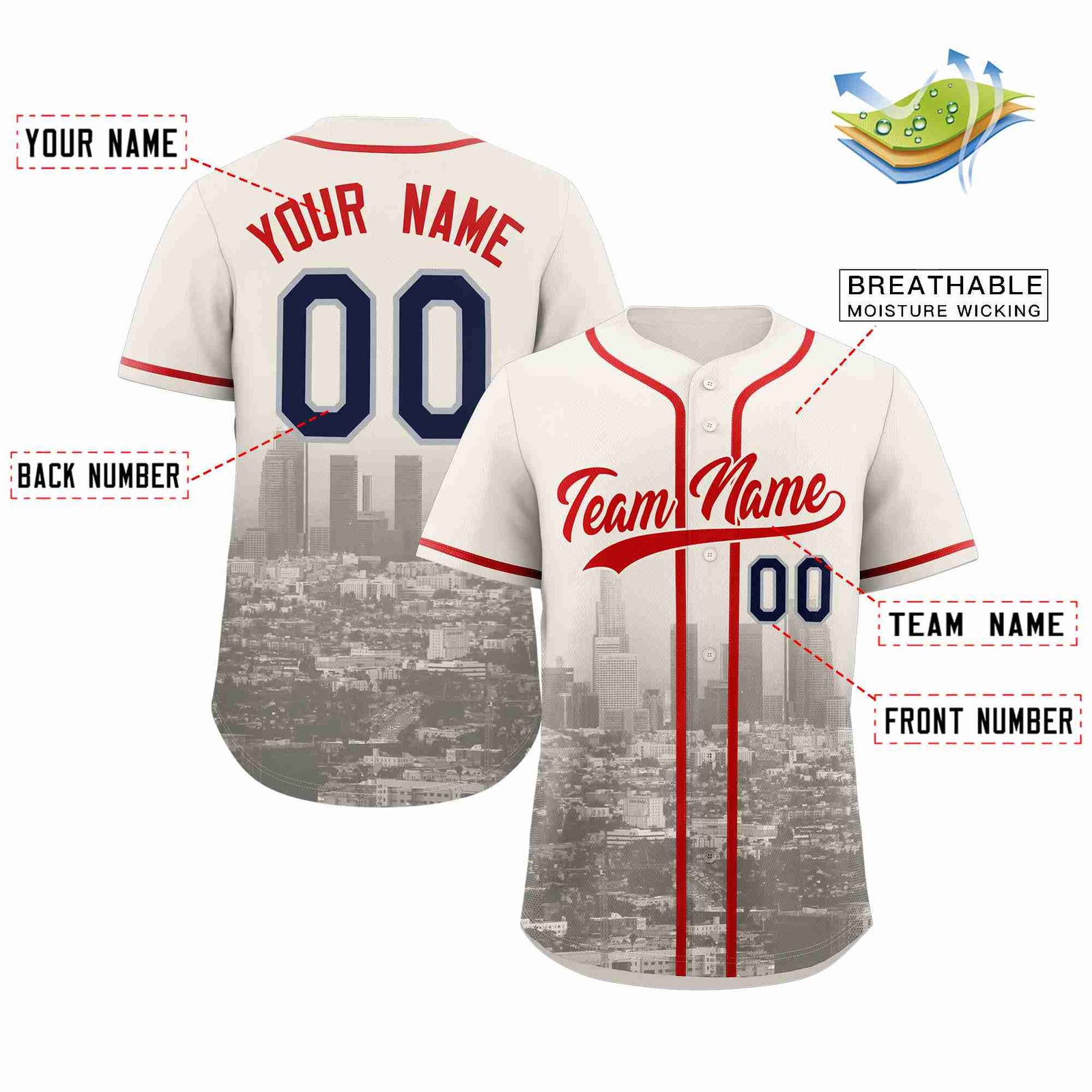 Custom Cream Red-Khaki Los Angeles City Skyline Baseball Jersey