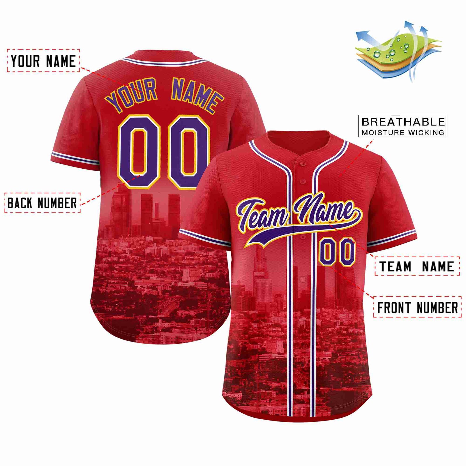 Custom Red Purple-White Los Angeles City Skyline Baseball Jersey