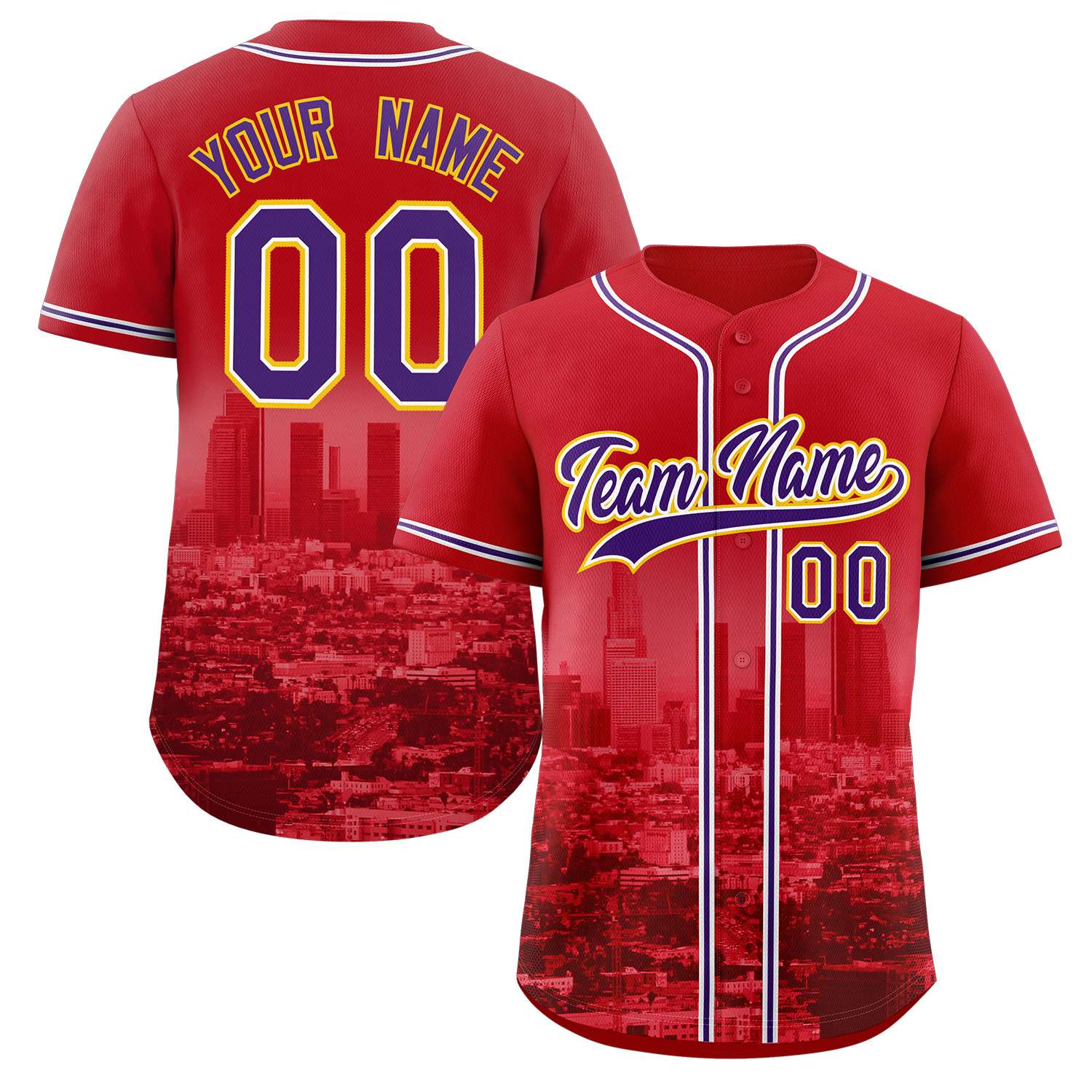 Custom Red Purple-White Los Angeles City Skyline Baseball Jersey