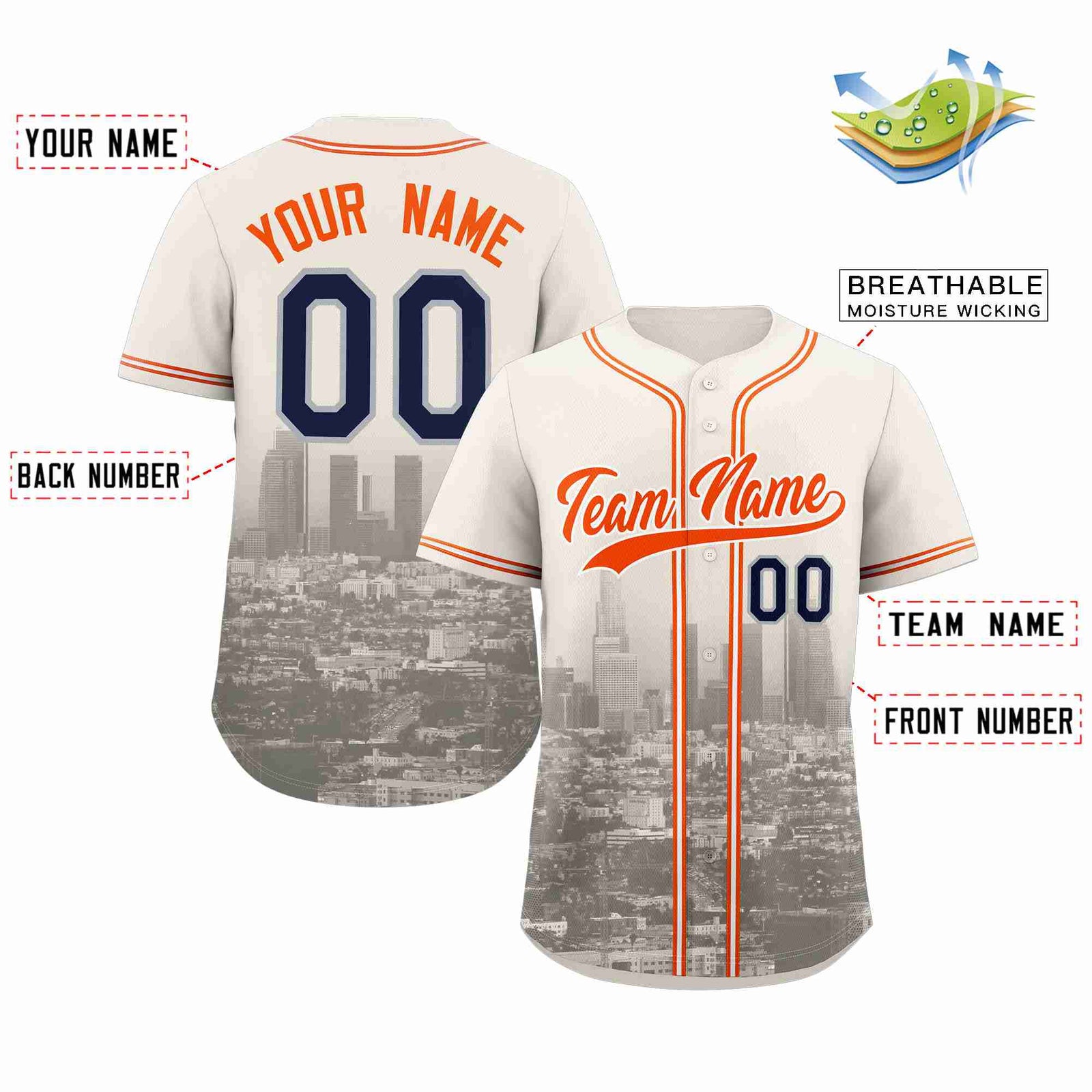 Custom Cream Orange-Khaki Los Angeles City Skyline Baseball Jersey