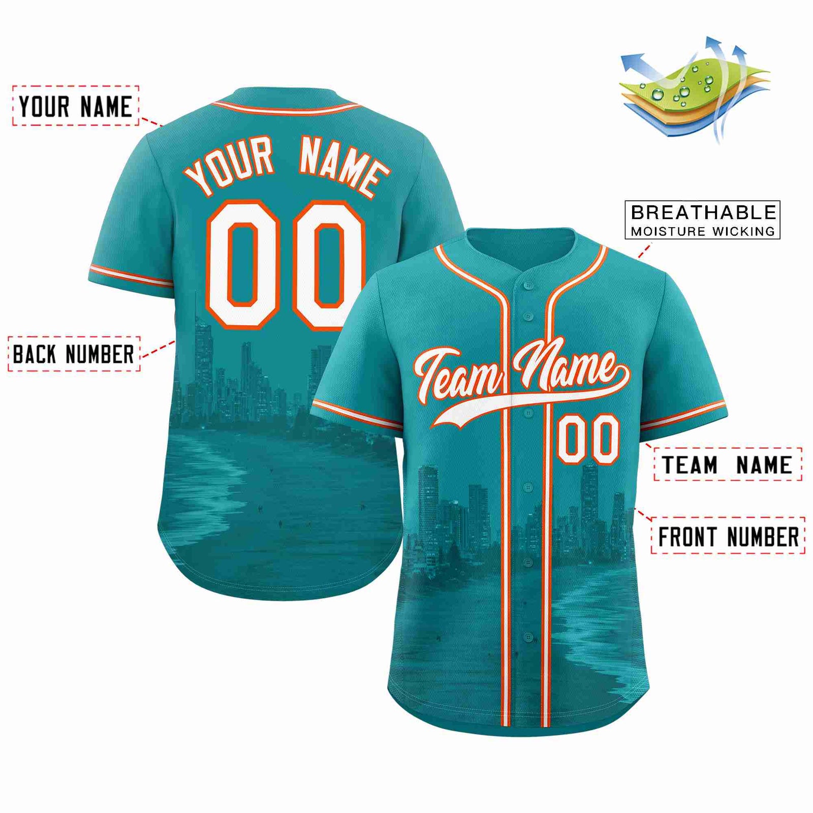 Custom Aqua White-Orange Miami City Skyline Baseball Jersey