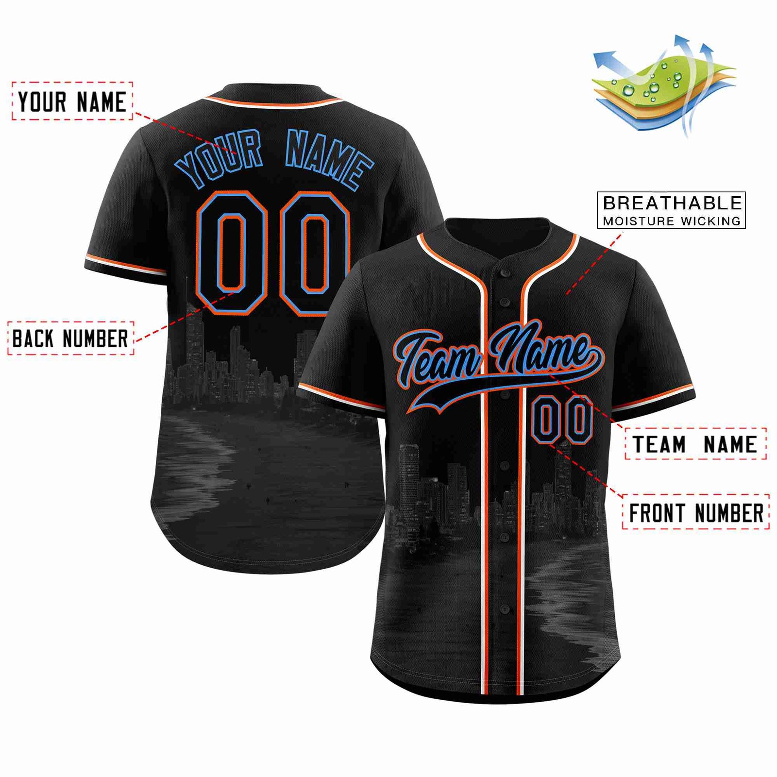 Custom Black Black-Powder Blue Miami City Skyline Baseball Jersey