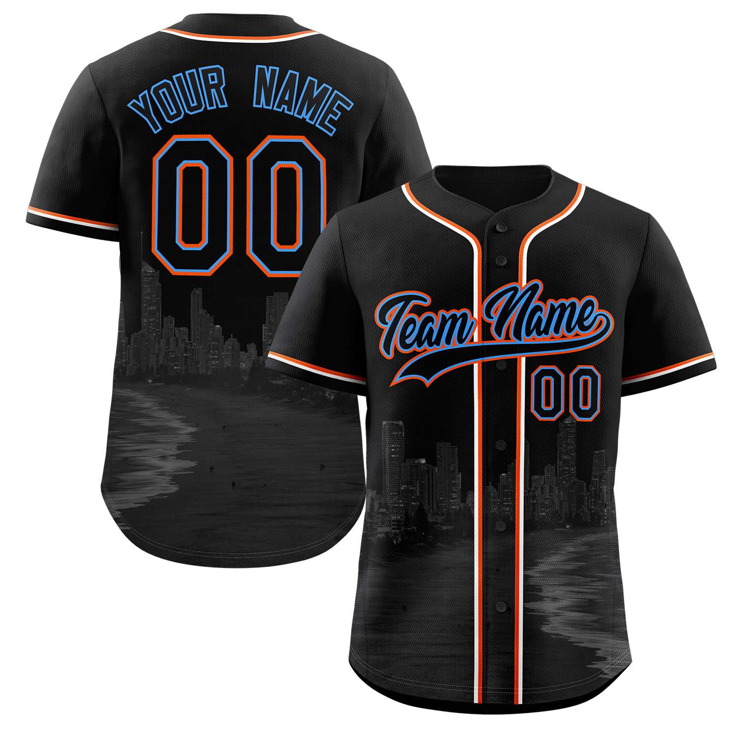 Custom Black Black-Powder Blue Miami City Skyline Baseball Jersey