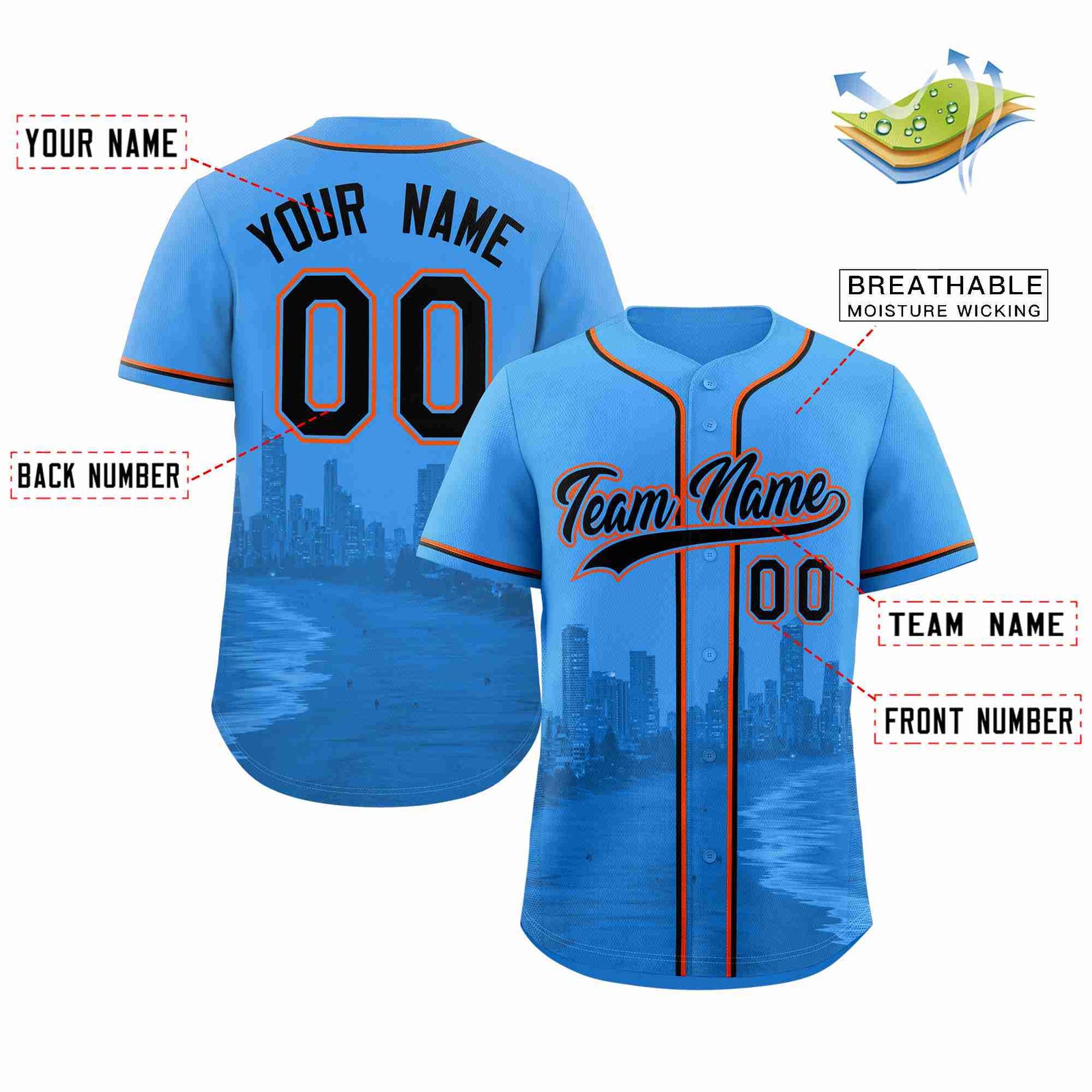 Custom Powder Blue Black-Powder Blue Miami City Skyline Baseball Jersey