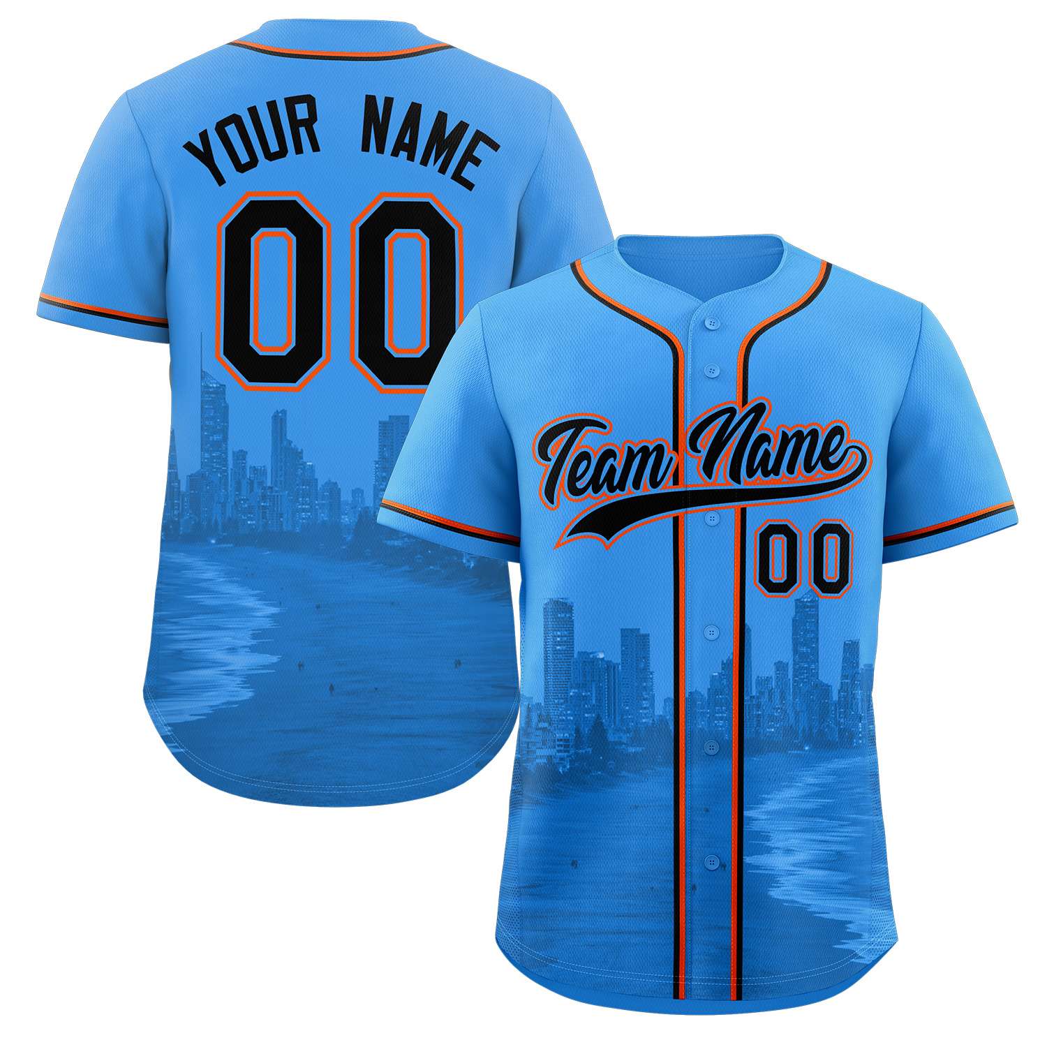 Custom Powder Blue Black-Powder Blue Miami City Skyline Baseball Jersey