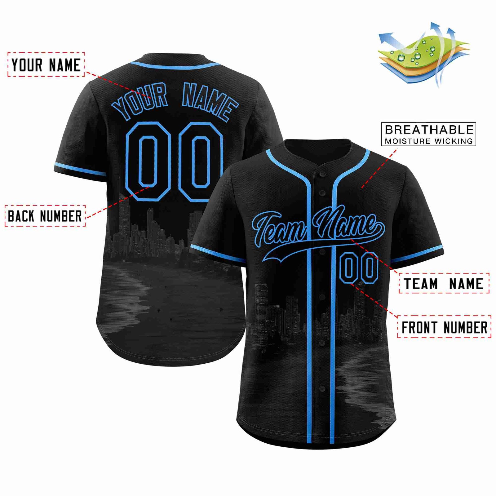 Custom Black Black-Powder Blue Miami City Skyline Baseball Jersey