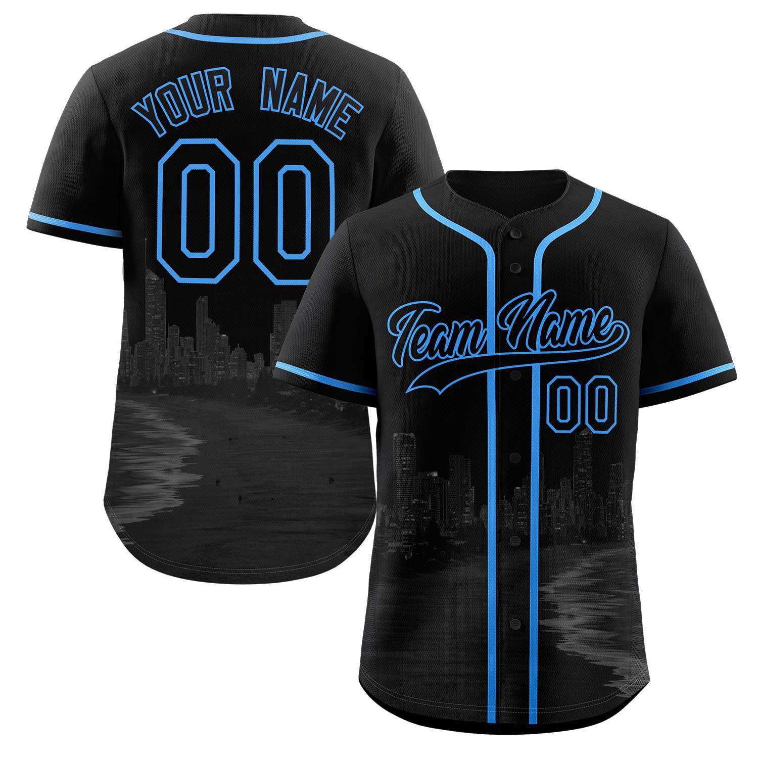Custom Black Black-Powder Blue Miami City Skyline Baseball Jersey