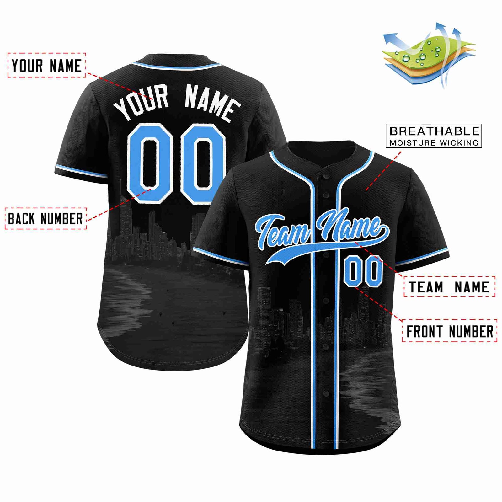 Custom Black Powder Blue-White Miami City Skyline Baseball Jersey