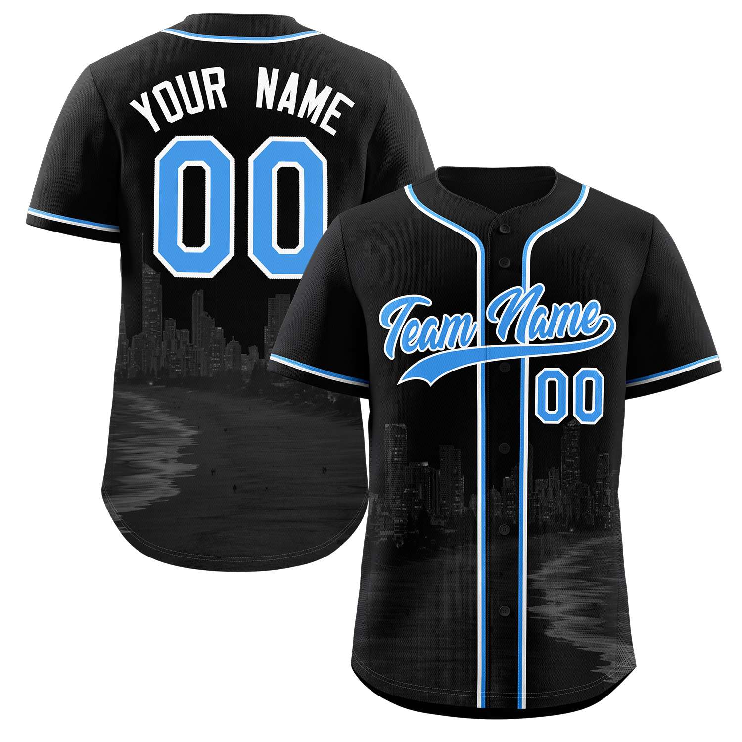 Custom Black Powder Blue-White Miami City Skyline Baseball Jersey