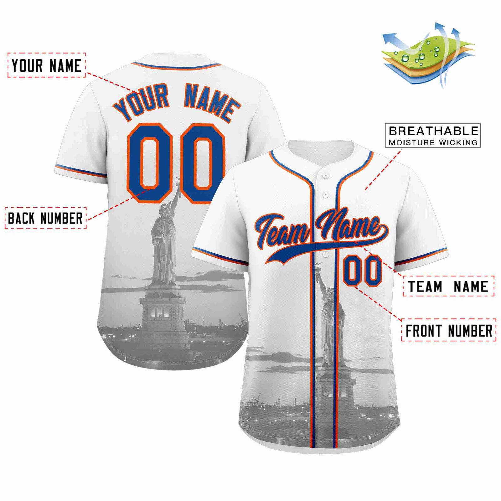 Custom White Royal-Orange New York City Skyline Baseball Jersey