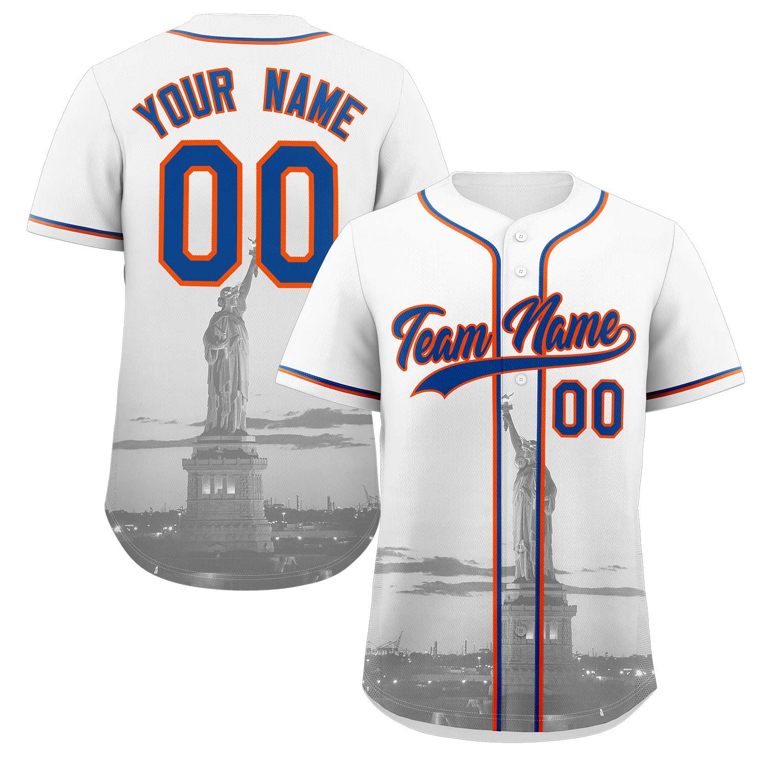 Custom White Royal-Orange New York City Skyline Baseball Jersey