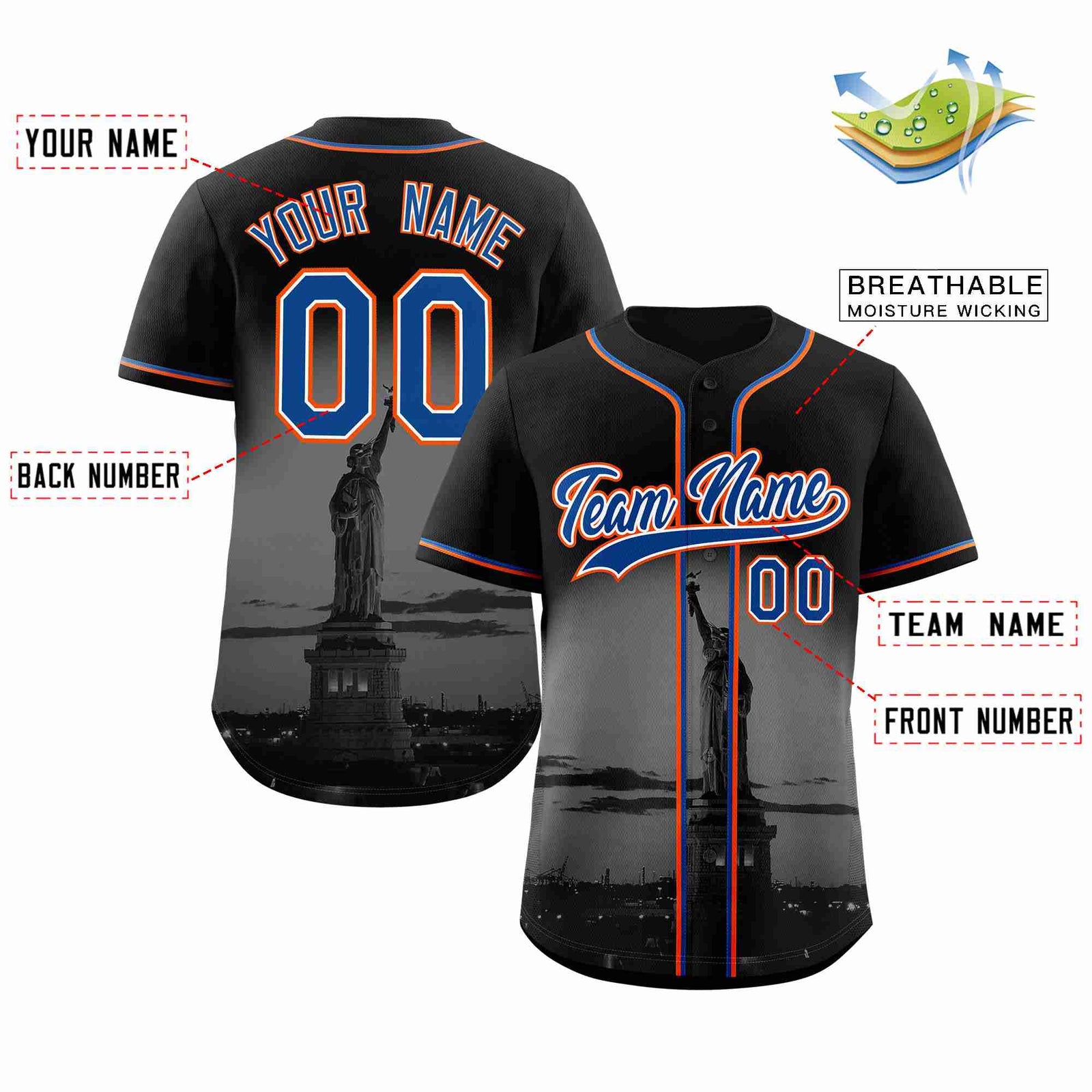 Custom Black Royal-White New York City Skyline Baseball Jersey