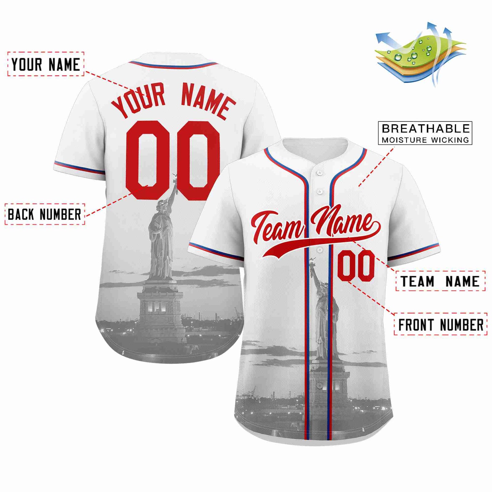 Custom White Red-White New York City Skyline Baseball Jersey