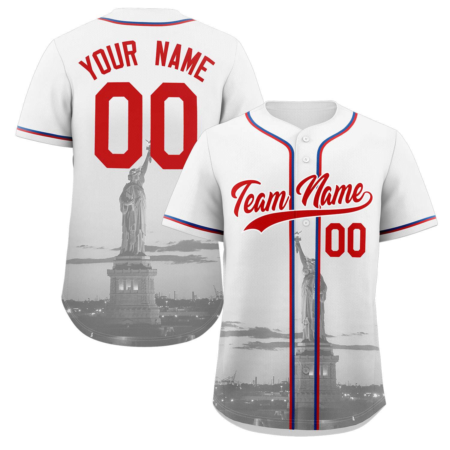 Custom White Red-White New York City Skyline Baseball Jersey
