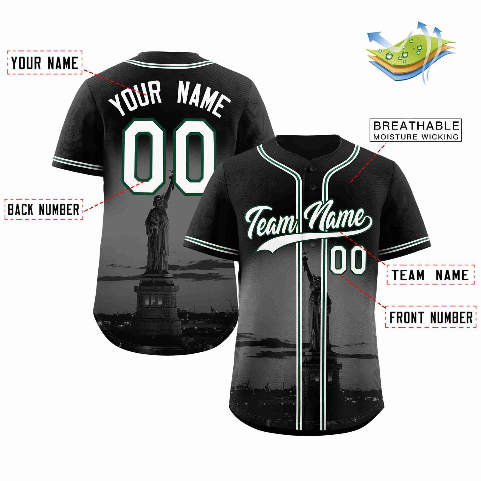 Custom Black White-Green New York City Skyline Baseball Jersey