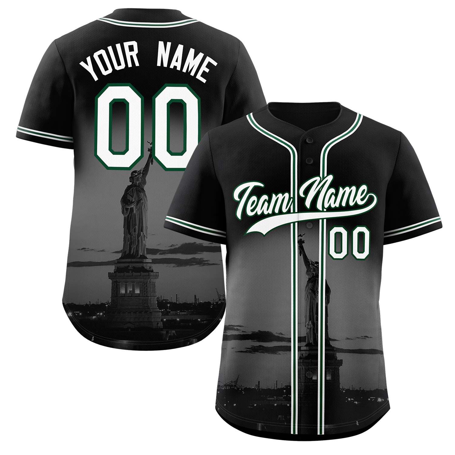 Custom Black White-Green New York City Skyline Baseball Jersey