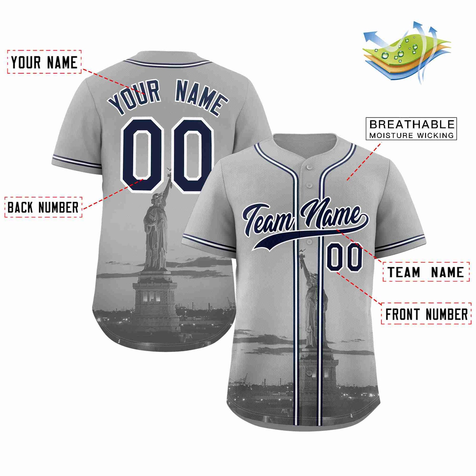 Custom Gray Navy-White New York City Skyline Baseball Jersey