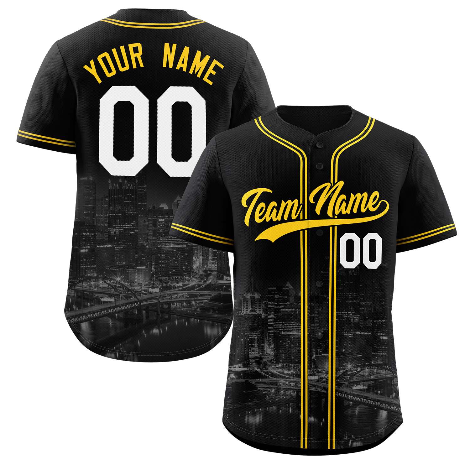 Custom Black Yellow-Black Pittsburgh City Skyline Baseball Jersey