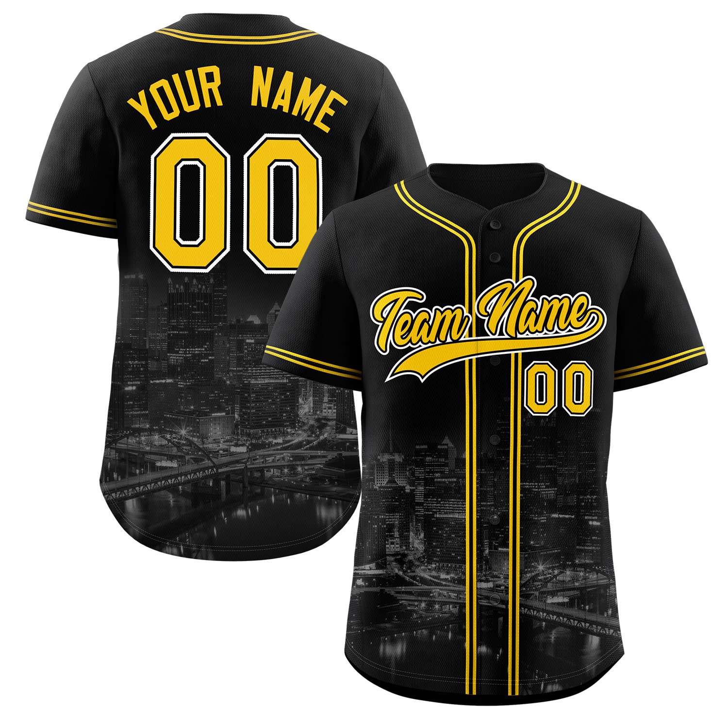 Custom Black Yellow-Black Pittsburgh City Skyline Baseball Jersey