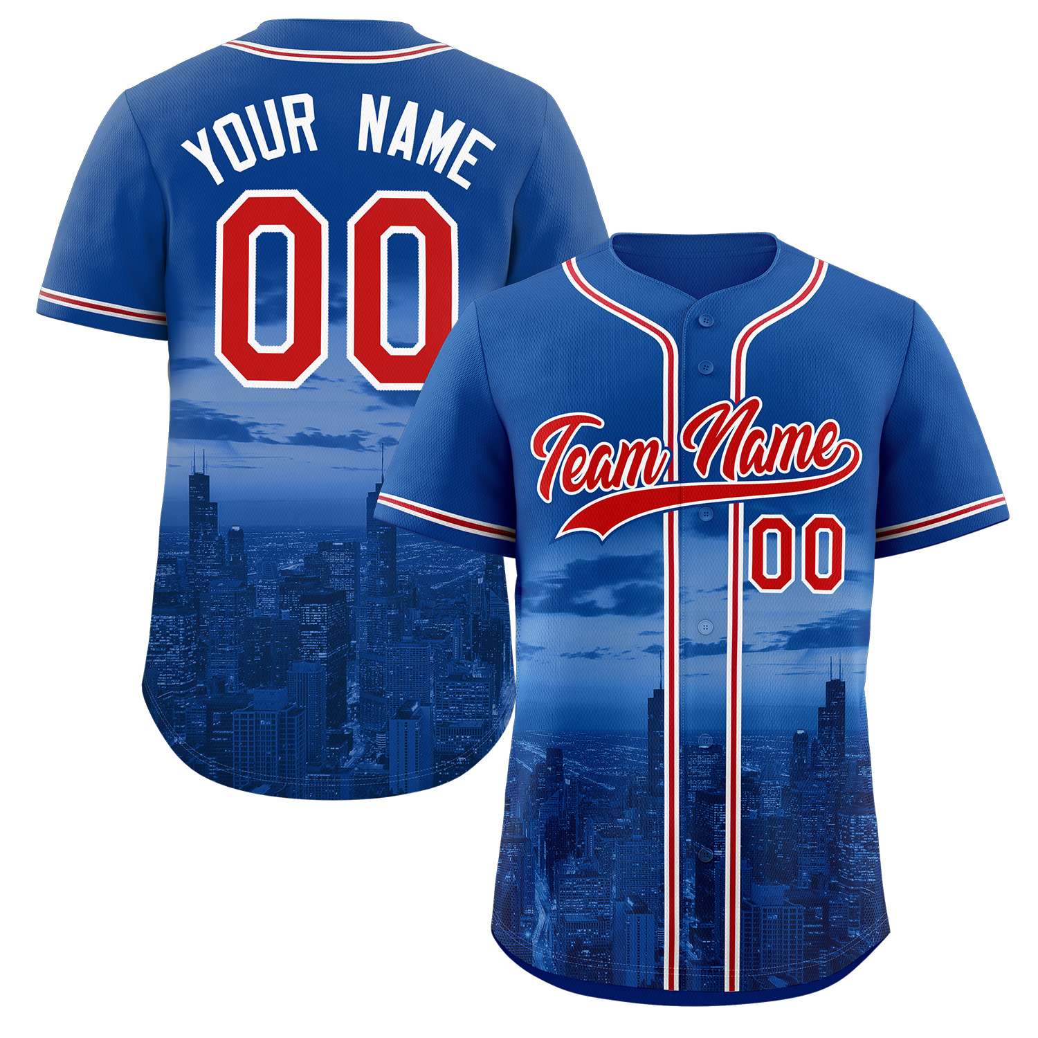Custom Royal Red-White Chicago City Skyline Baseball Jersey