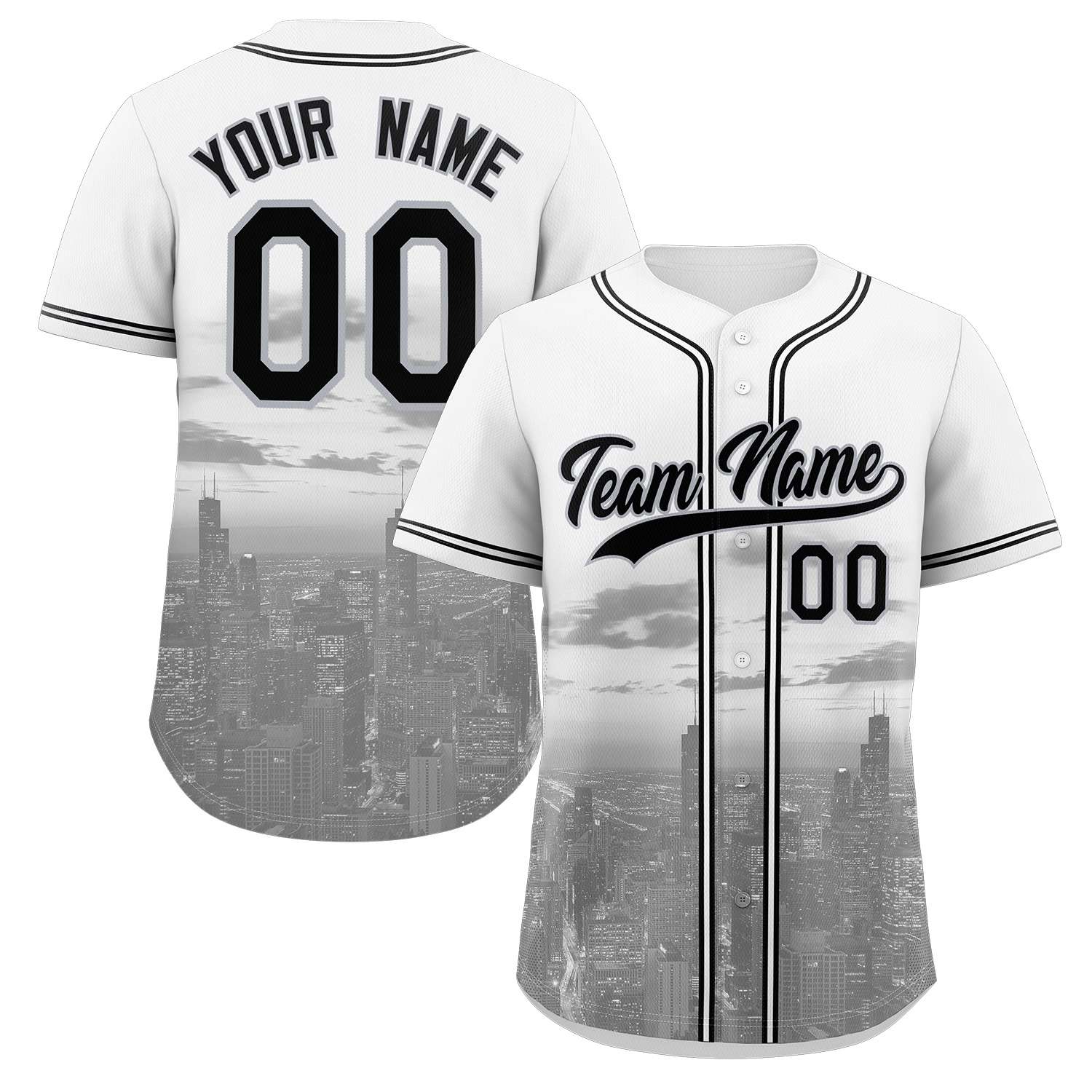 Custom White Black-Gray Chicago City Skyline Baseball Jersey