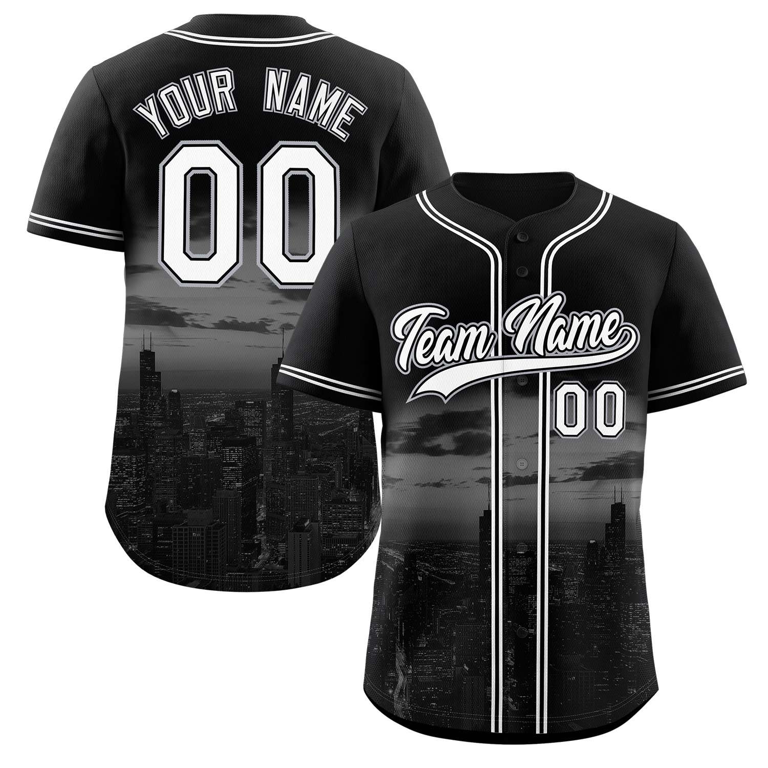 Custom Black White-Black Chicago City Skyline Baseball Jersey