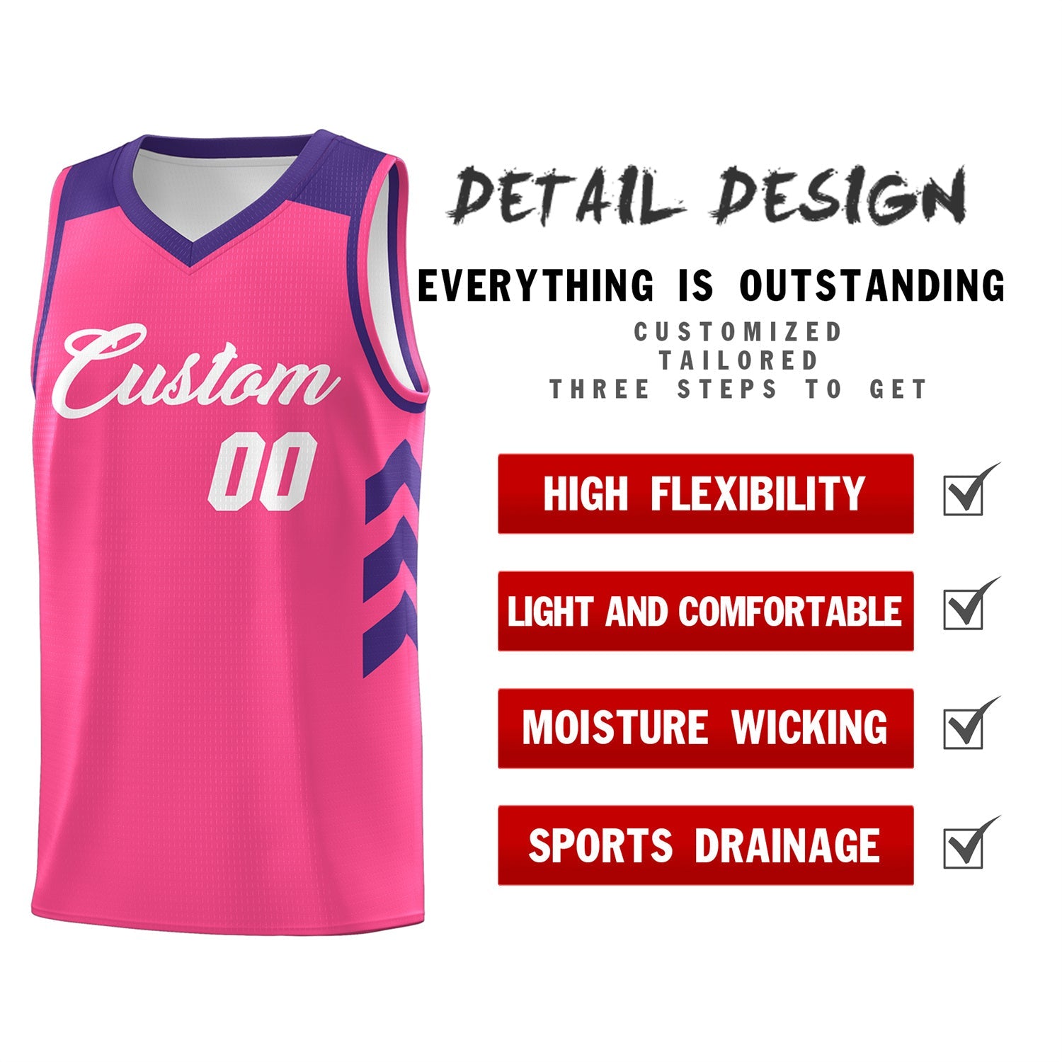 Custom Pink Purple-White Classic Tops Breathable Basketball Jersey