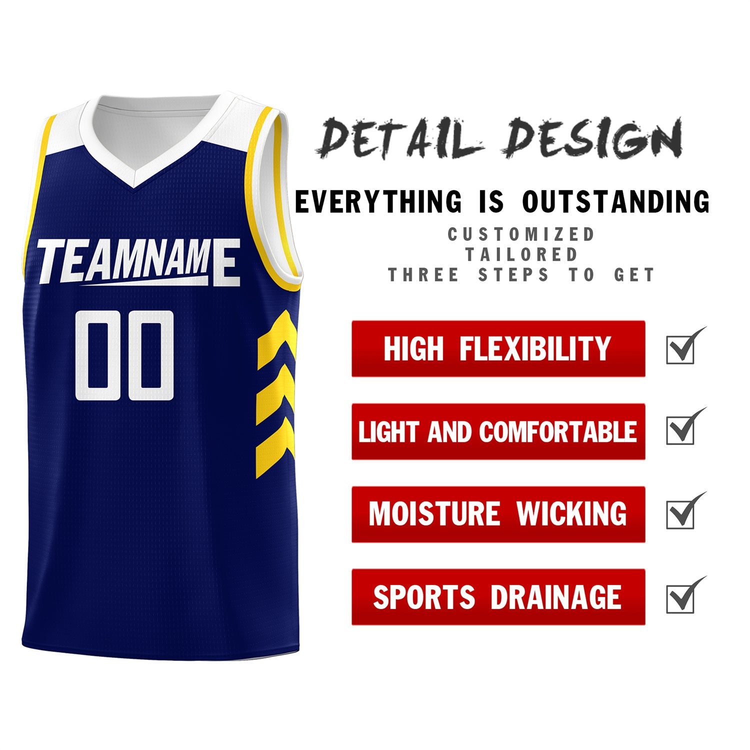 Custom Navy White-Yellow Classic Tops Mesh Sport Basketball Jersey