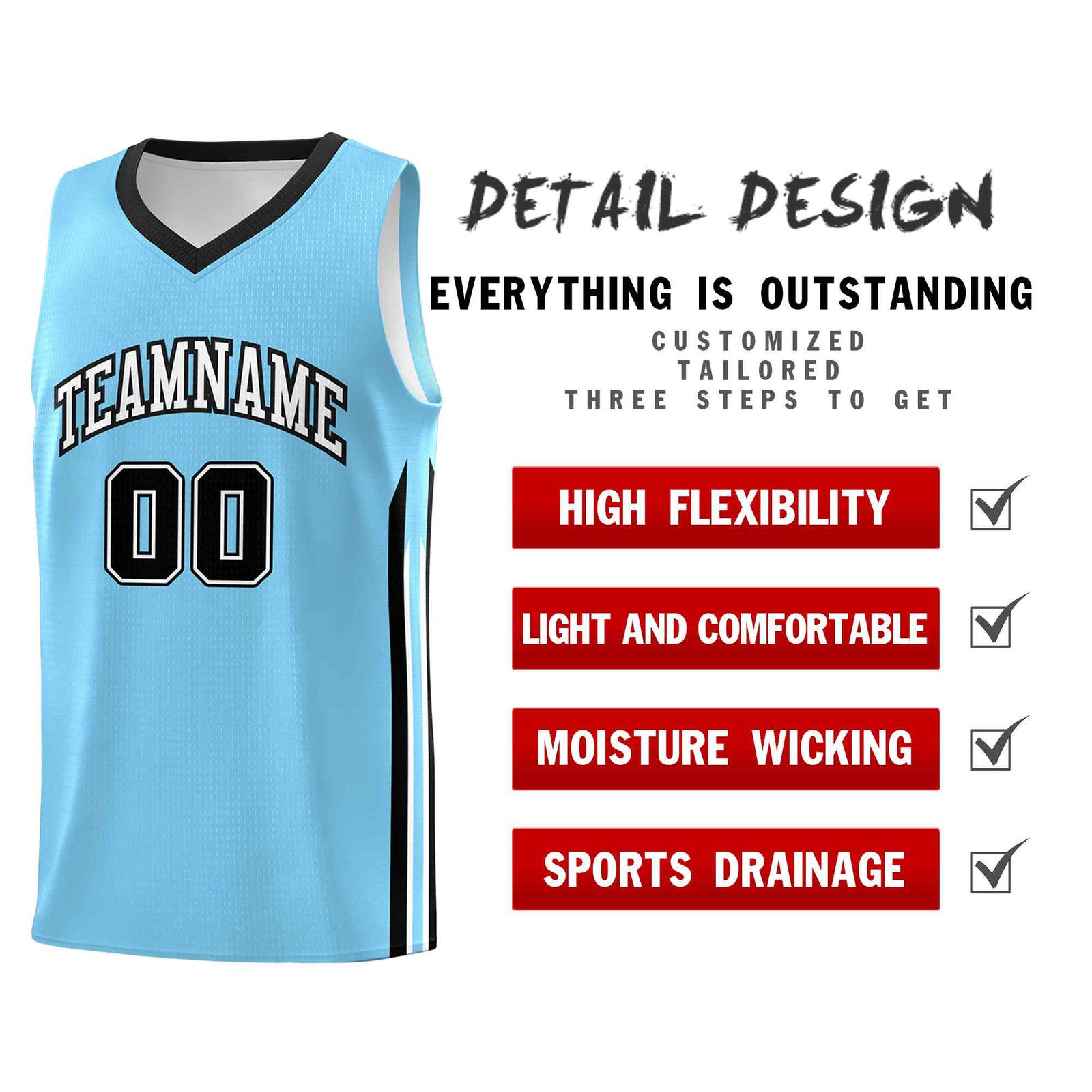 Custom Light Blue White-Black Classic Sets Sports Uniform Basketball Jersey