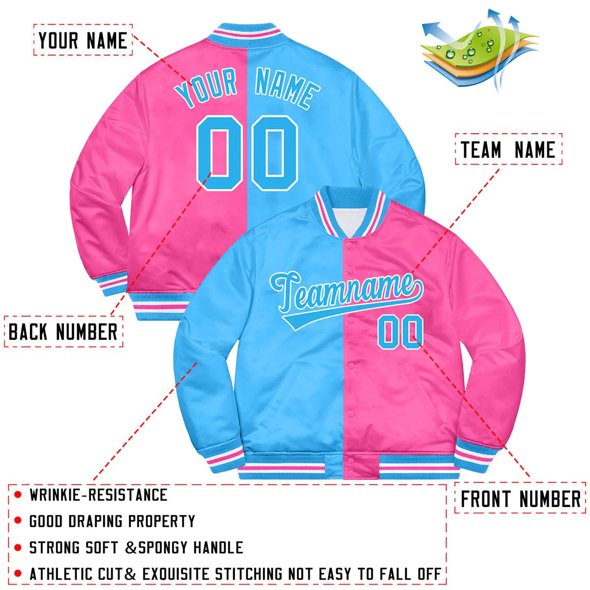Custom Pink Light Blue-White Letterman Two Tone Split Fashion Bomber Varsity Jacket for Team
