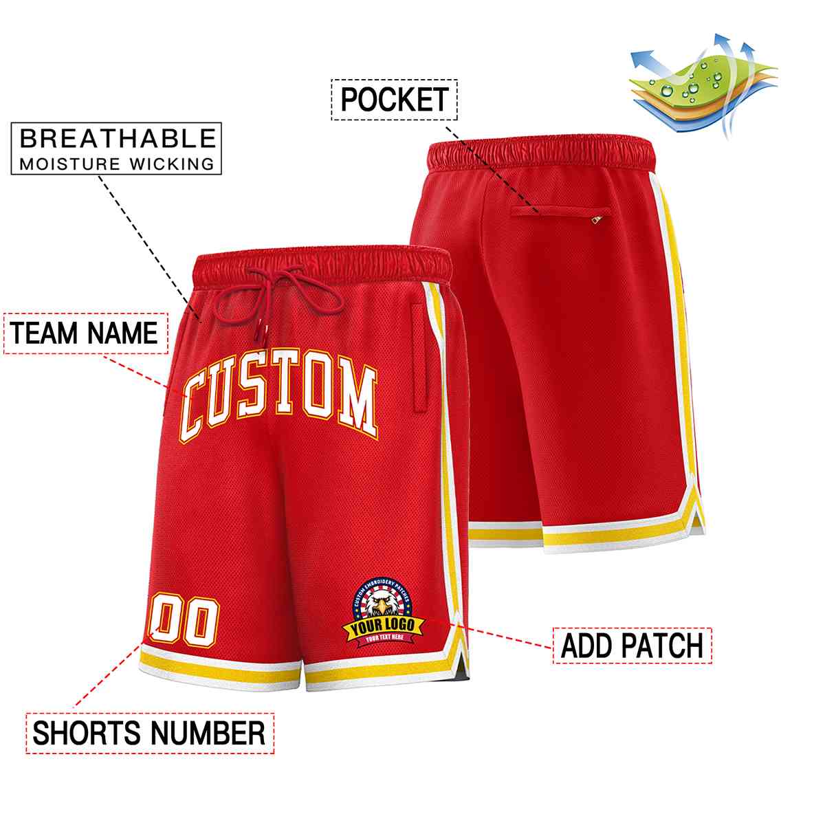 Custom Red White-Gold Classic Style Basketball Mesh Shorts