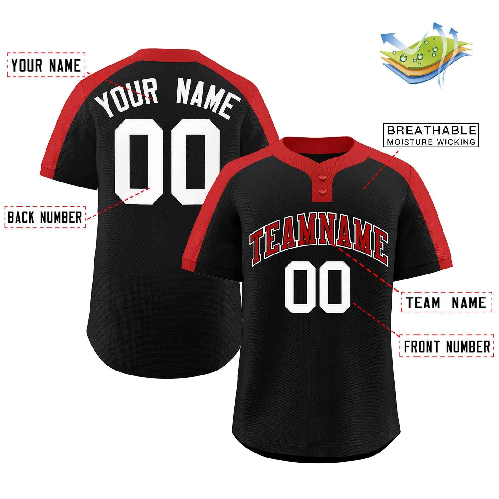 Custom Black Red-Black Classic Style Authentic Two-Button Softball Jersey