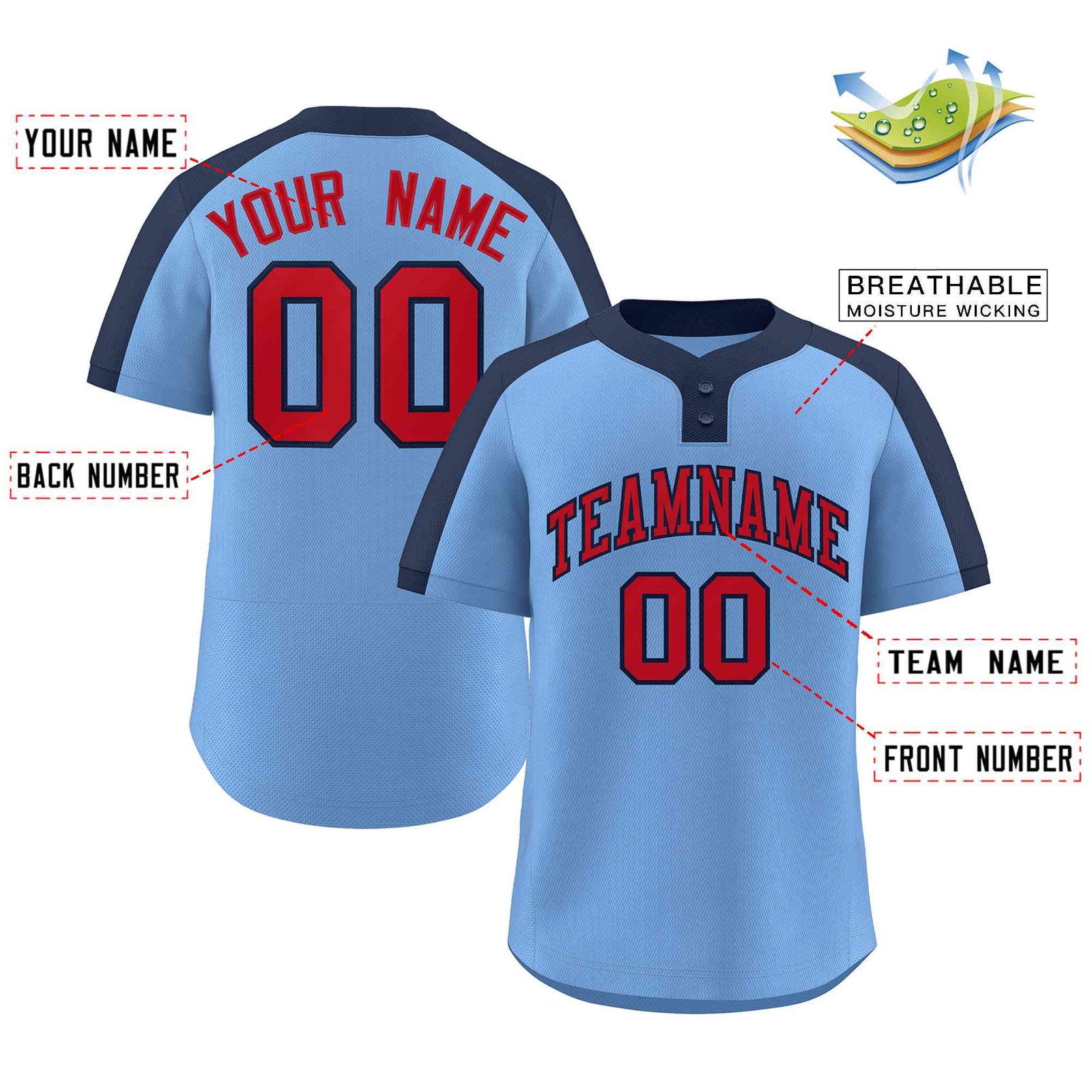 Custom Light Blue Red-Navy Classic Style Authentic Two-Button Softball Jersey
