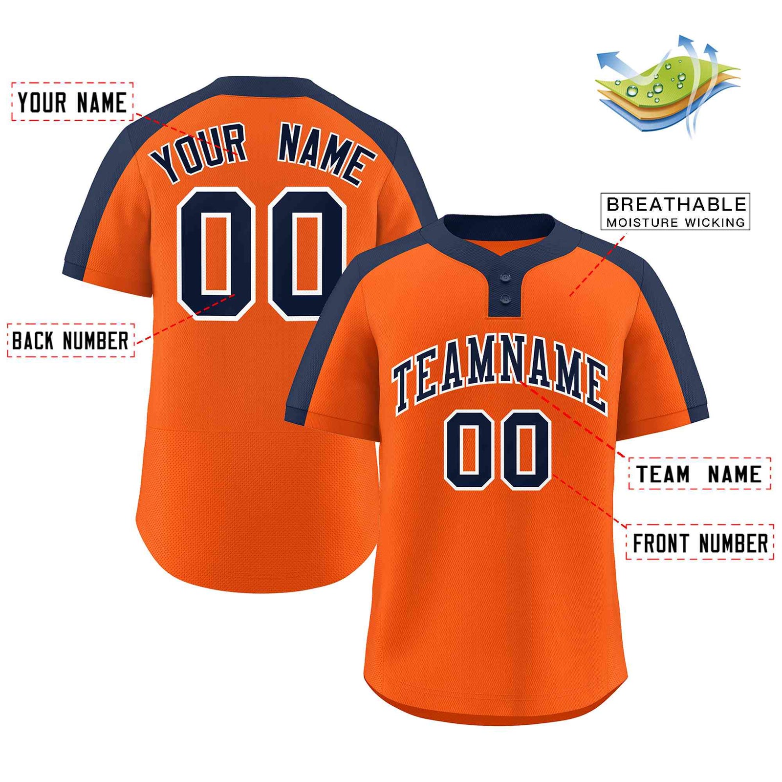 Custom Orange Navy-White Classic Style Authentic Two-Button Softball Jersey