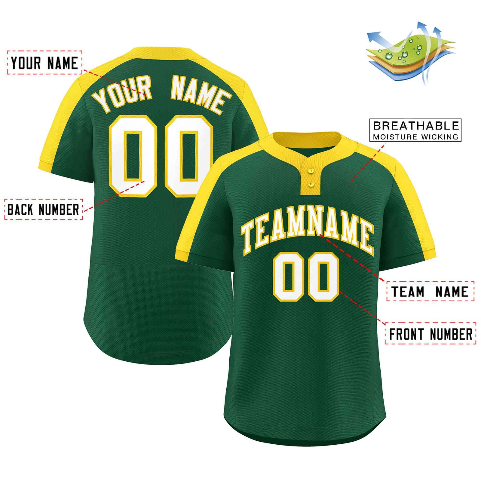 Custom Green White-Gold Classic Style Authentic Two-Button Softball Jersey