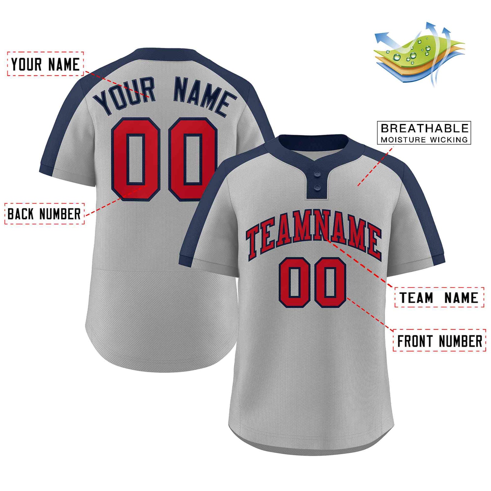 Custom Gray Red-Navy Classic Style Authentic Two-Button Softball Jersey