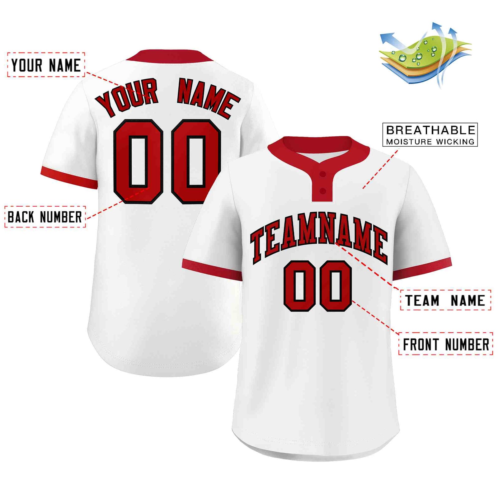Custom White Red-Black Classic Style Authentic Two-Button Softball Jersey