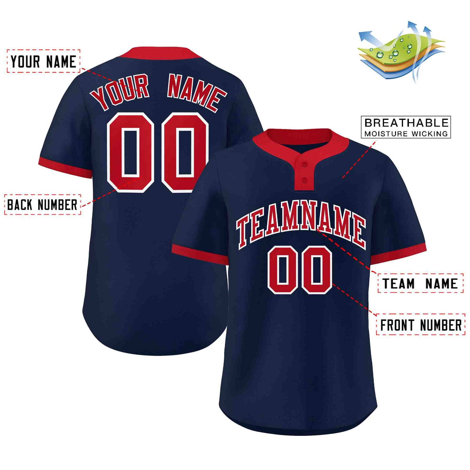 Custom Navy Red Classic Style Authentic Two-Button Softball Jersey