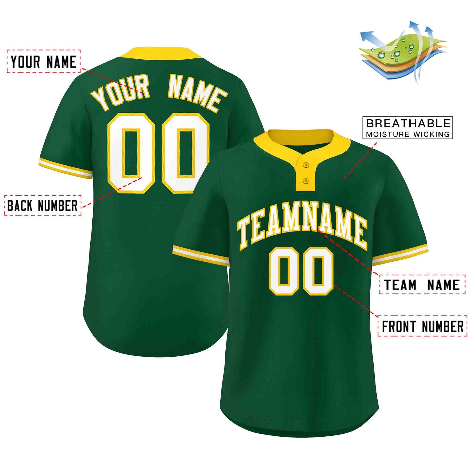 Custom Green White-Gold Classic Style Authentic Two-Button Softball Jersey
