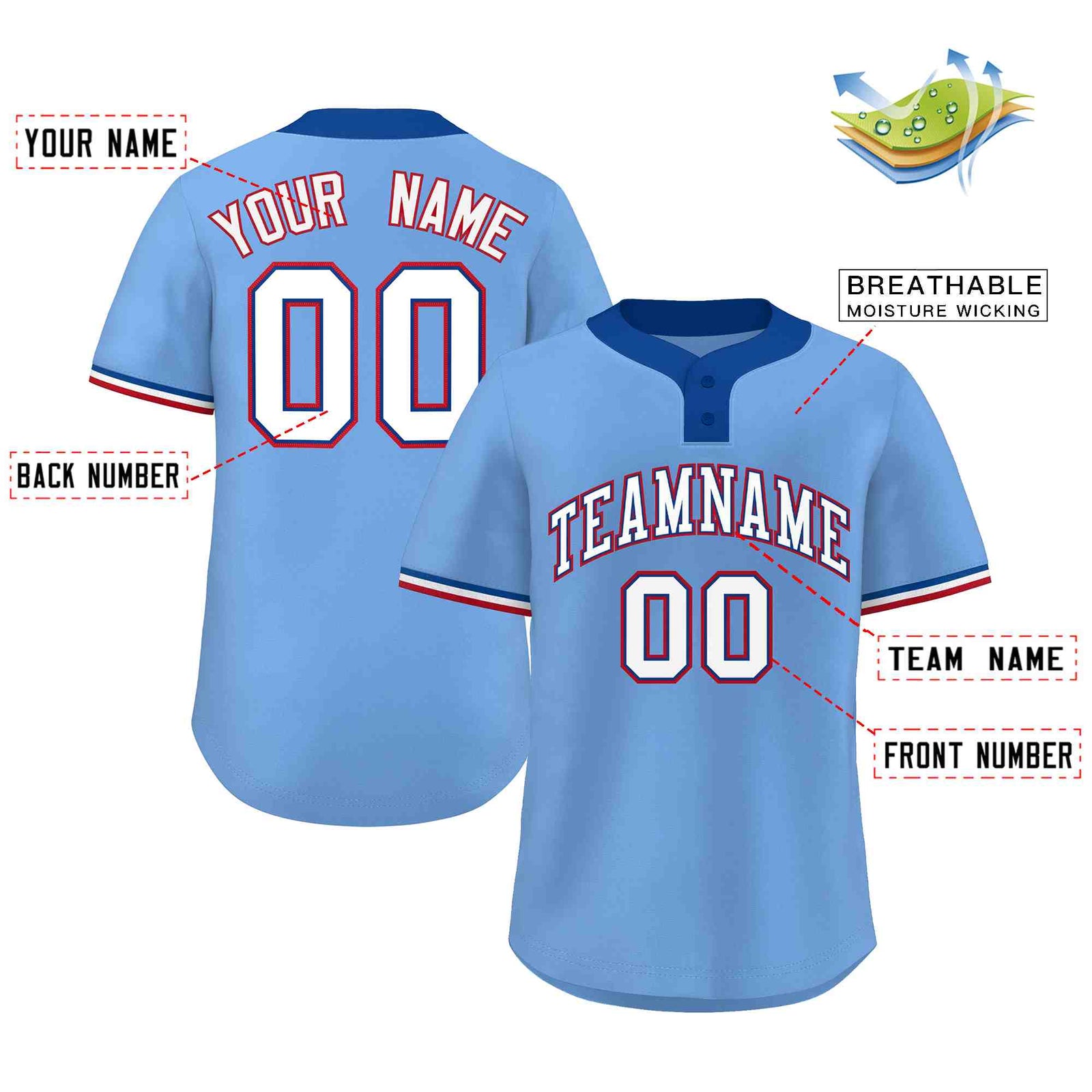 Custom Light Blue White-Red Classic Style Authentic Two-Button Softball Jersey