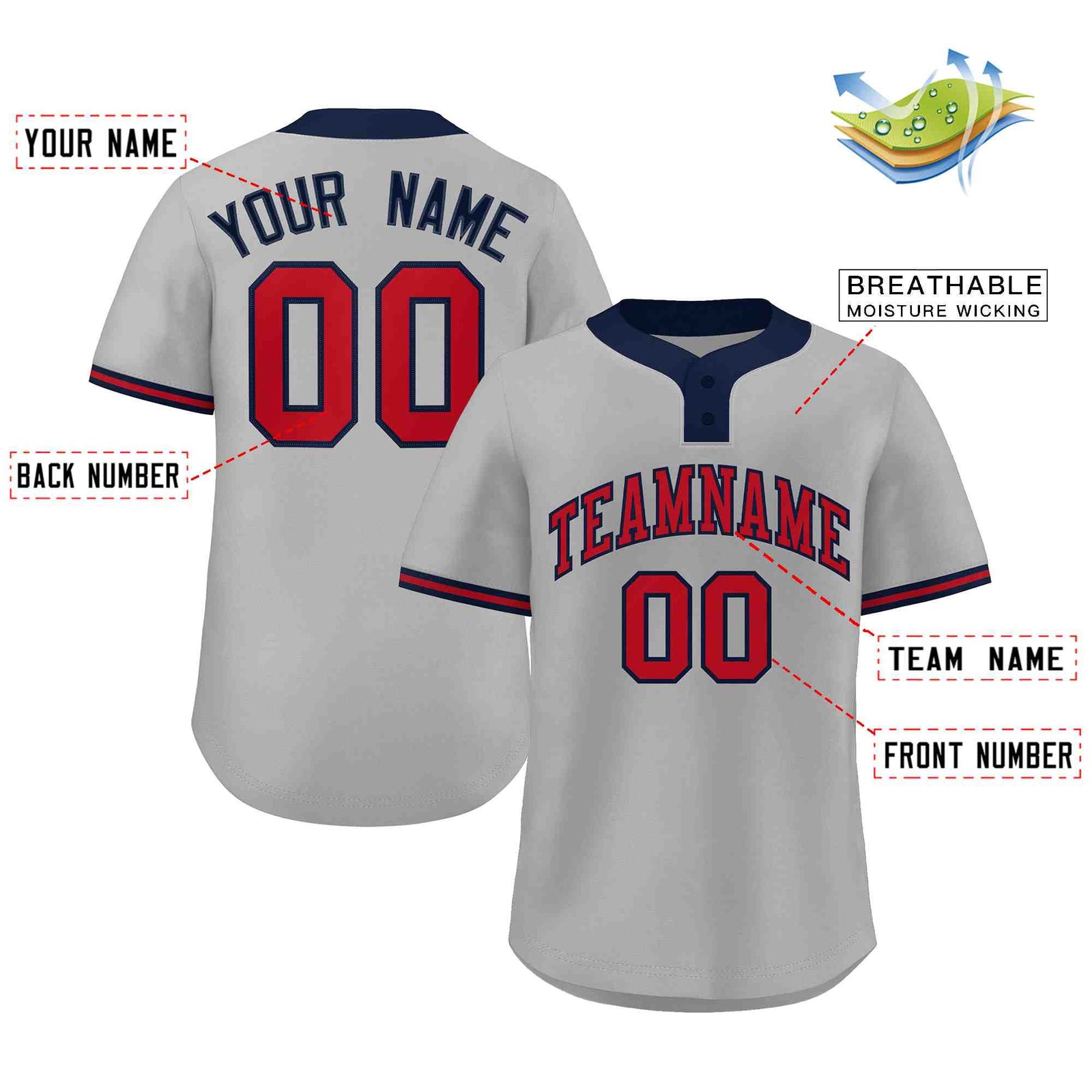 Custom Gray Red-Navy Classic Style Authentic Two-Button Softball Jersey
